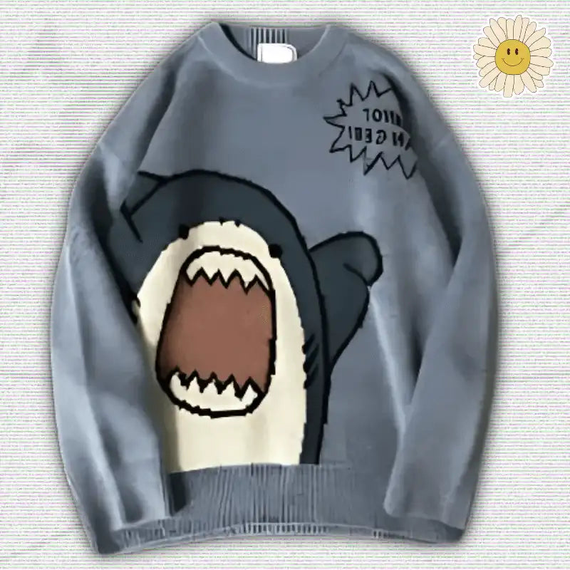 Y2K Cartoon Shark Print Sweater