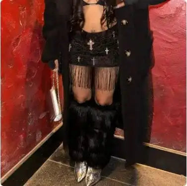 Y2K Cross Printed Furry Skirt