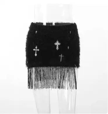 Y2K Cross Printed Furry Skirt